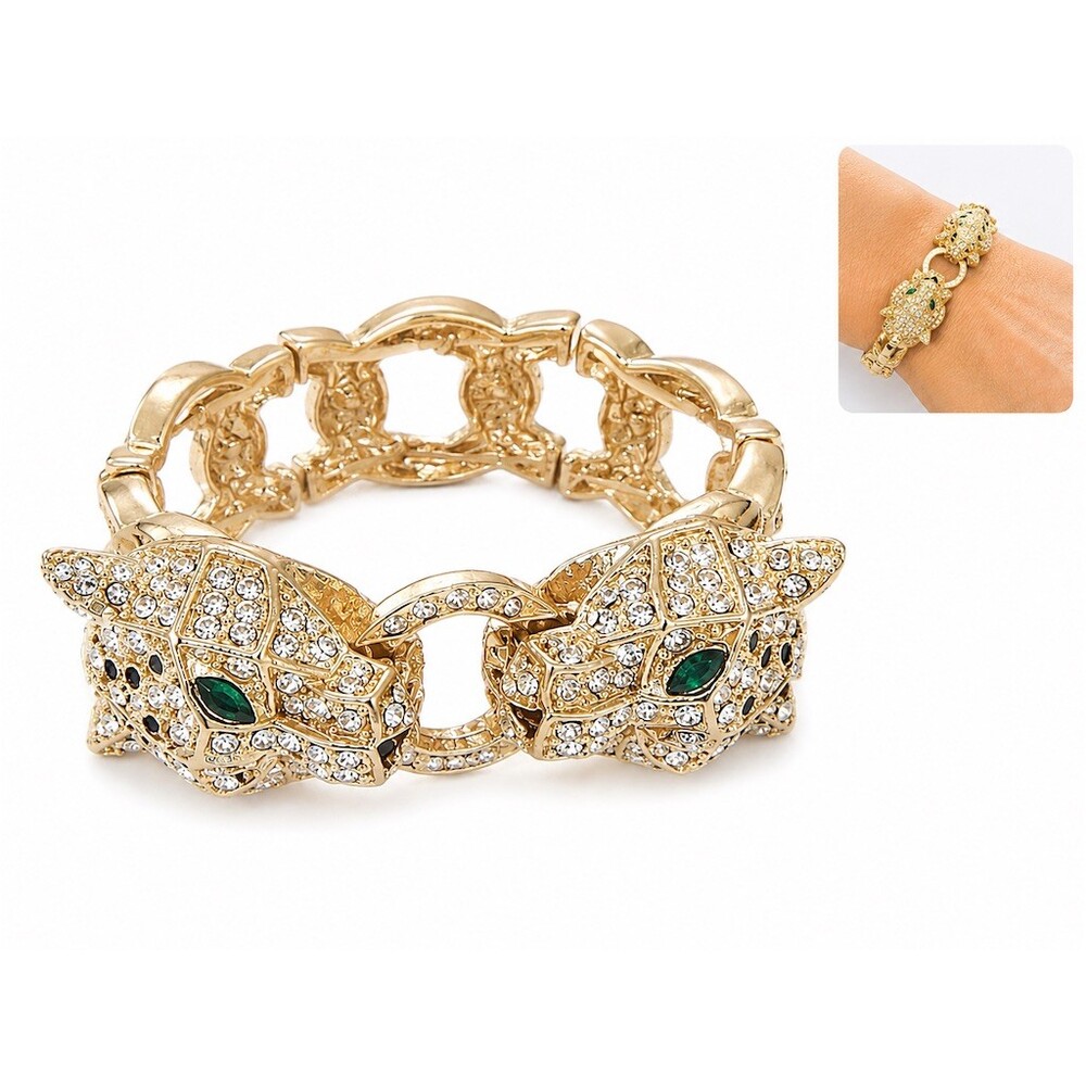 Nordstrom Gold lux Double Leopard Head Rhinestone Stretch Link Bracelet Green